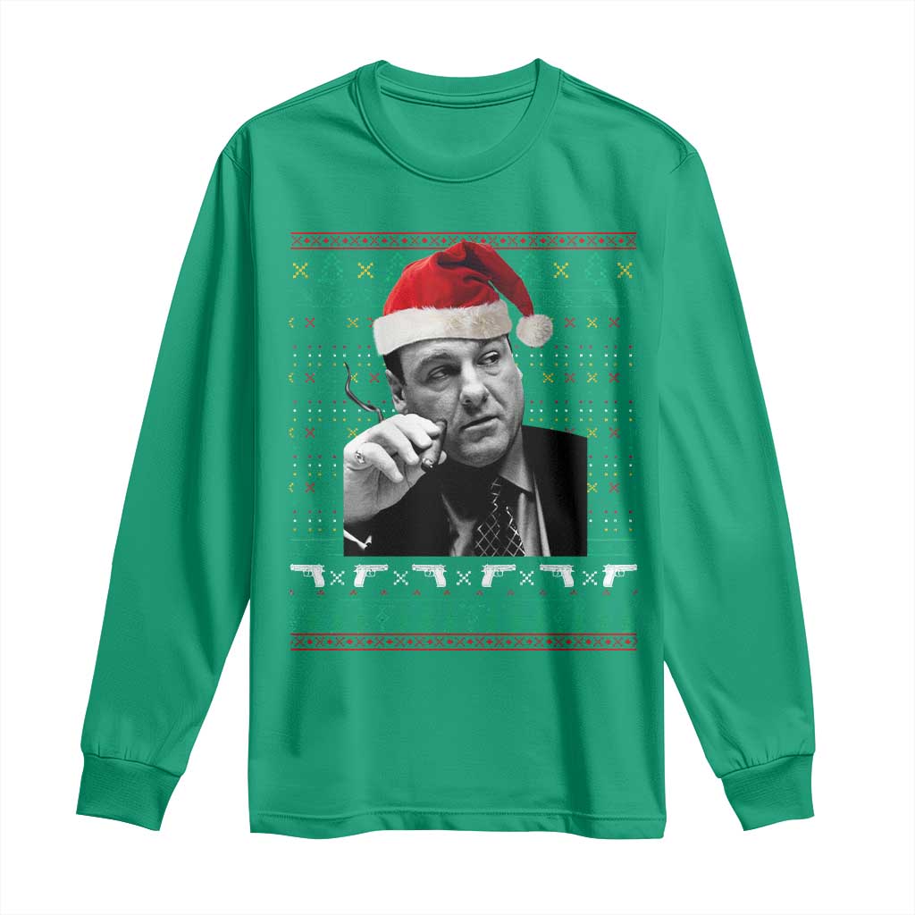Funny Ugly Christmas Long Sleeve Shirt Funny Mafia Gangster Santa Sopranos Smoking - Wonder Print Shop