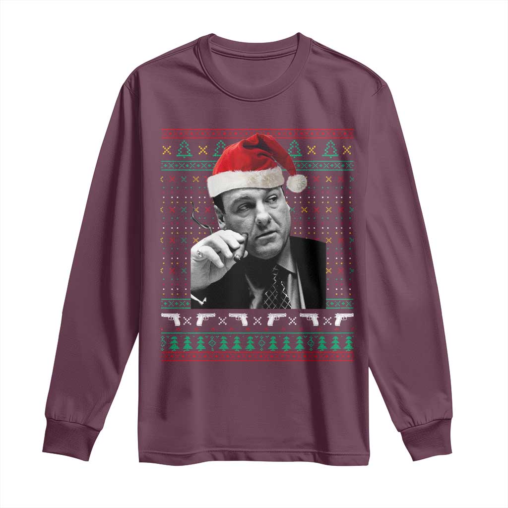 Funny Ugly Christmas Long Sleeve Shirt Funny Mafia Gangster Santa Sopranos Smoking - Wonder Print Shop