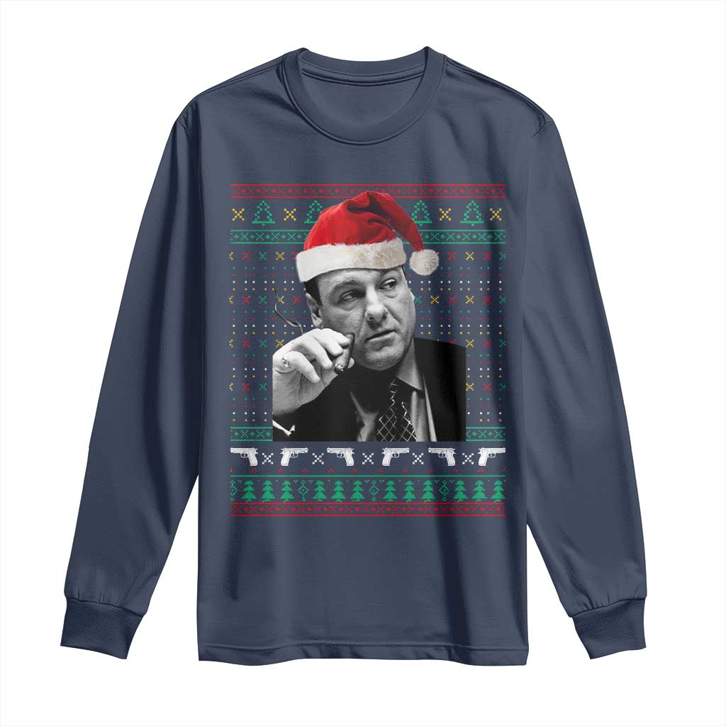 Funny Ugly Christmas Long Sleeve Shirt Funny Mafia Gangster Santa Sopranos Smoking - Wonder Print Shop