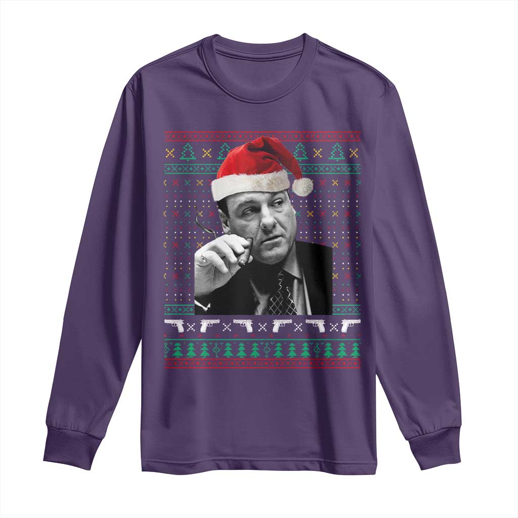 Funny Ugly Christmas Long Sleeve Shirt Funny Mafia Gangster Santa Sopranos Smoking - Wonder Print Shop