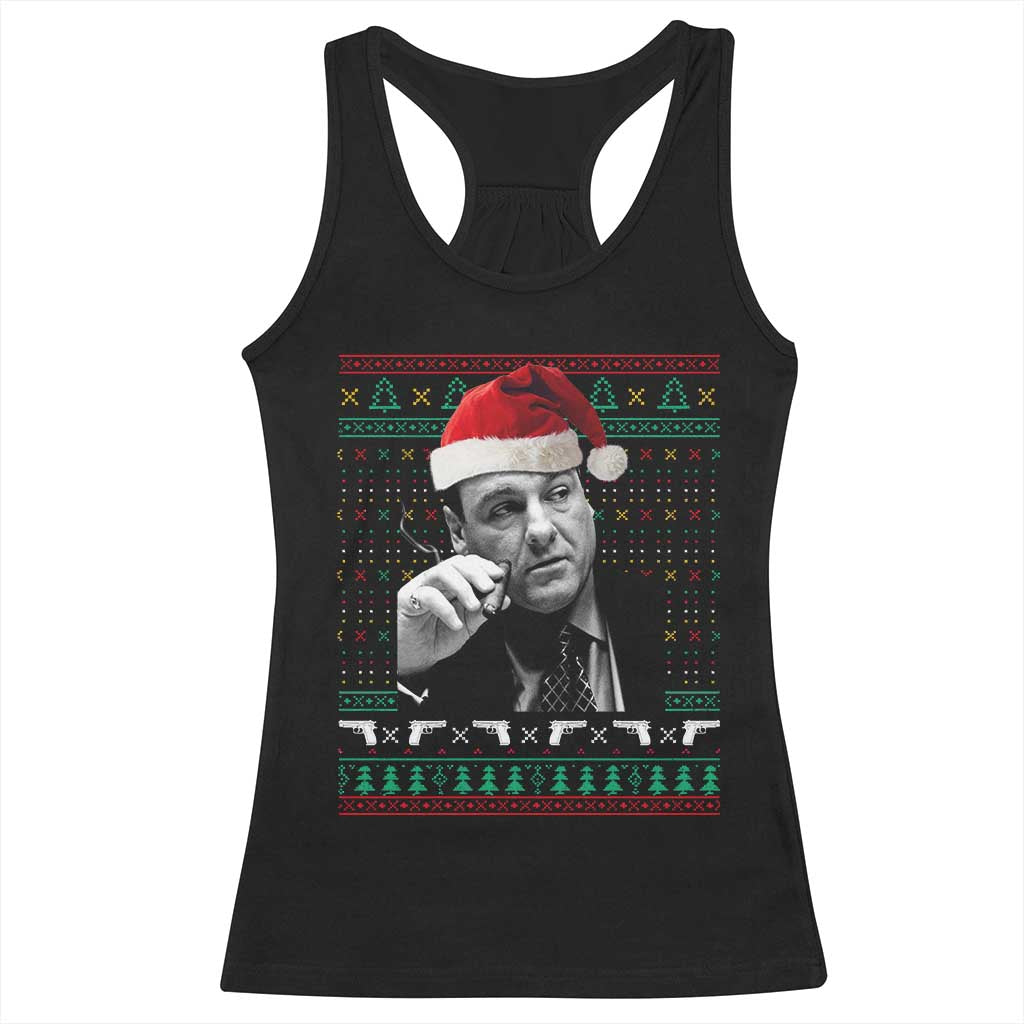 Funny Ugly Christmas Racerback Tank Top Funny Mafia Gangster Santa Sopranos Smoking - Wonder Print Shop