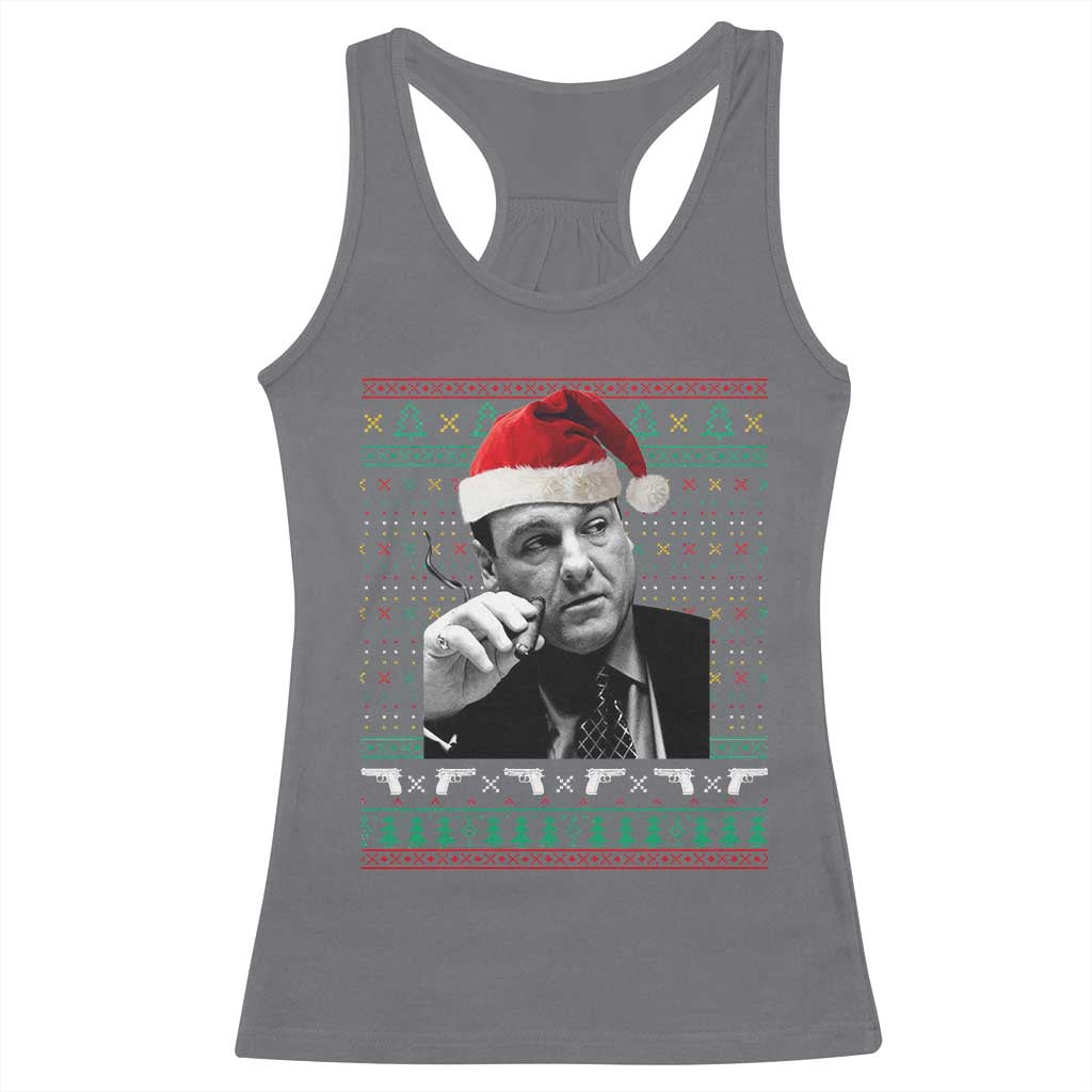Funny Ugly Christmas Racerback Tank Top Funny Mafia Gangster Santa Sopranos Smoking - Wonder Print Shop