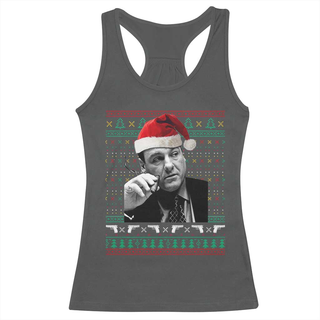 Funny Ugly Christmas Racerback Tank Top Funny Mafia Gangster Santa Sopranos Smoking - Wonder Print Shop