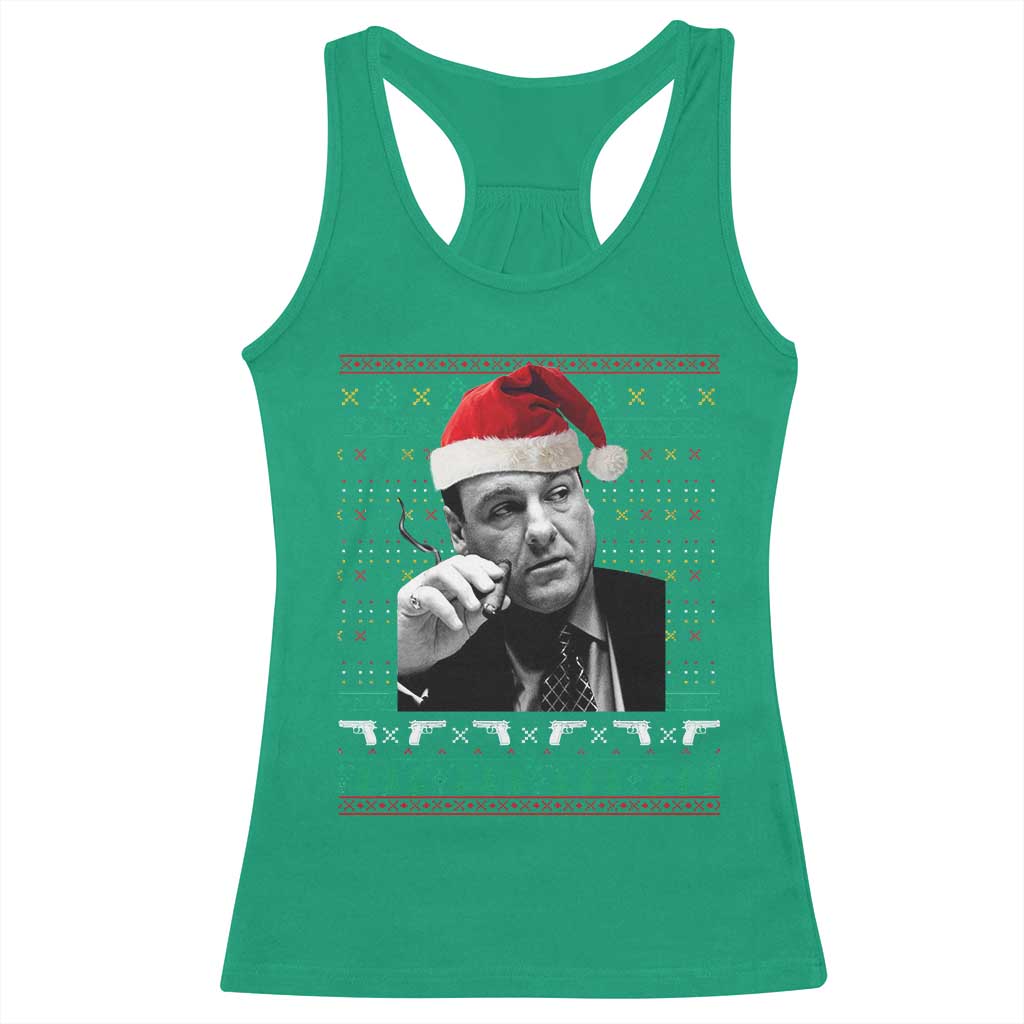Funny Ugly Christmas Racerback Tank Top Funny Mafia Gangster Santa Sopranos Smoking - Wonder Print Shop