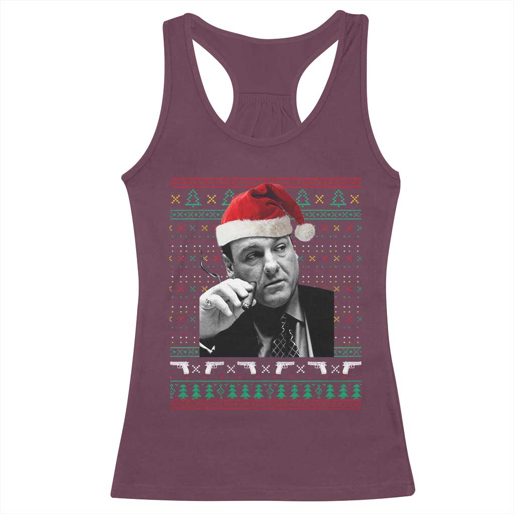 Funny Ugly Christmas Racerback Tank Top Funny Mafia Gangster Santa Sopranos Smoking - Wonder Print Shop
