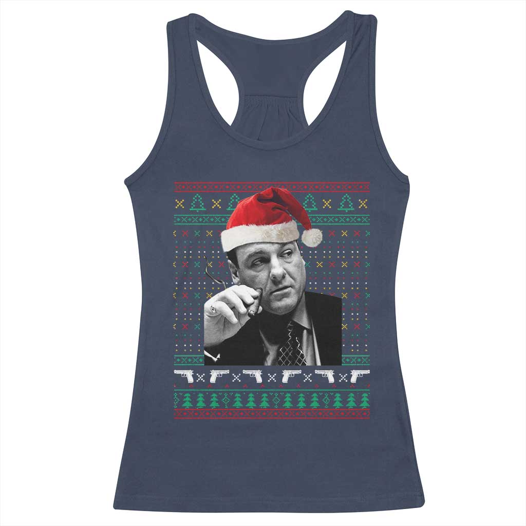 Funny Ugly Christmas Racerback Tank Top Funny Mafia Gangster Santa Sopranos Smoking - Wonder Print Shop
