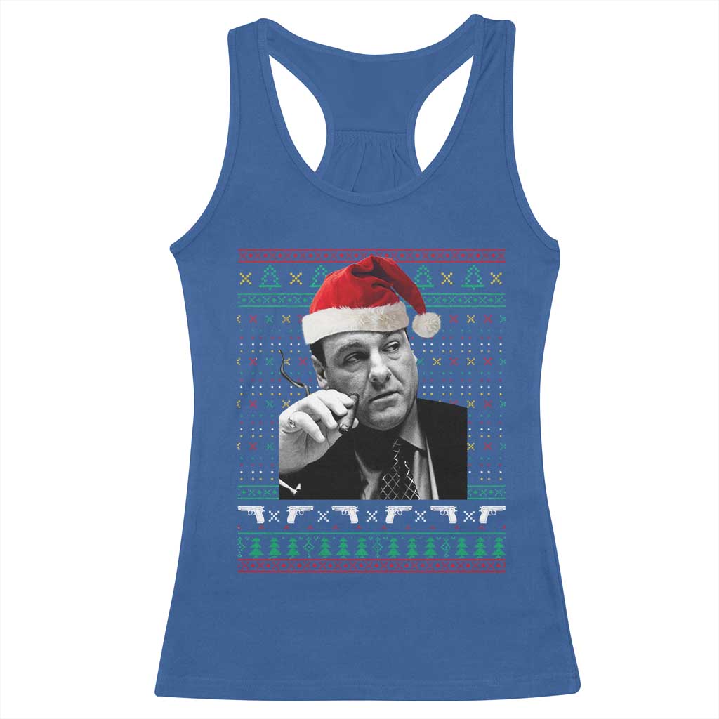 Funny Ugly Christmas Racerback Tank Top Funny Mafia Gangster Santa Sopranos Smoking - Wonder Print Shop