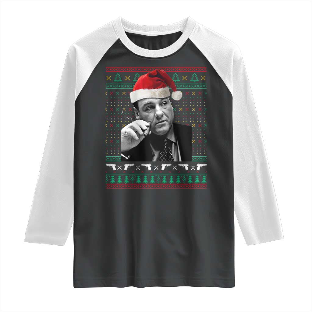 Funny Ugly Christmas Raglan Shirt Funny Mafia Gangster Santa Sopranos Smoking - Wonder Print Shop