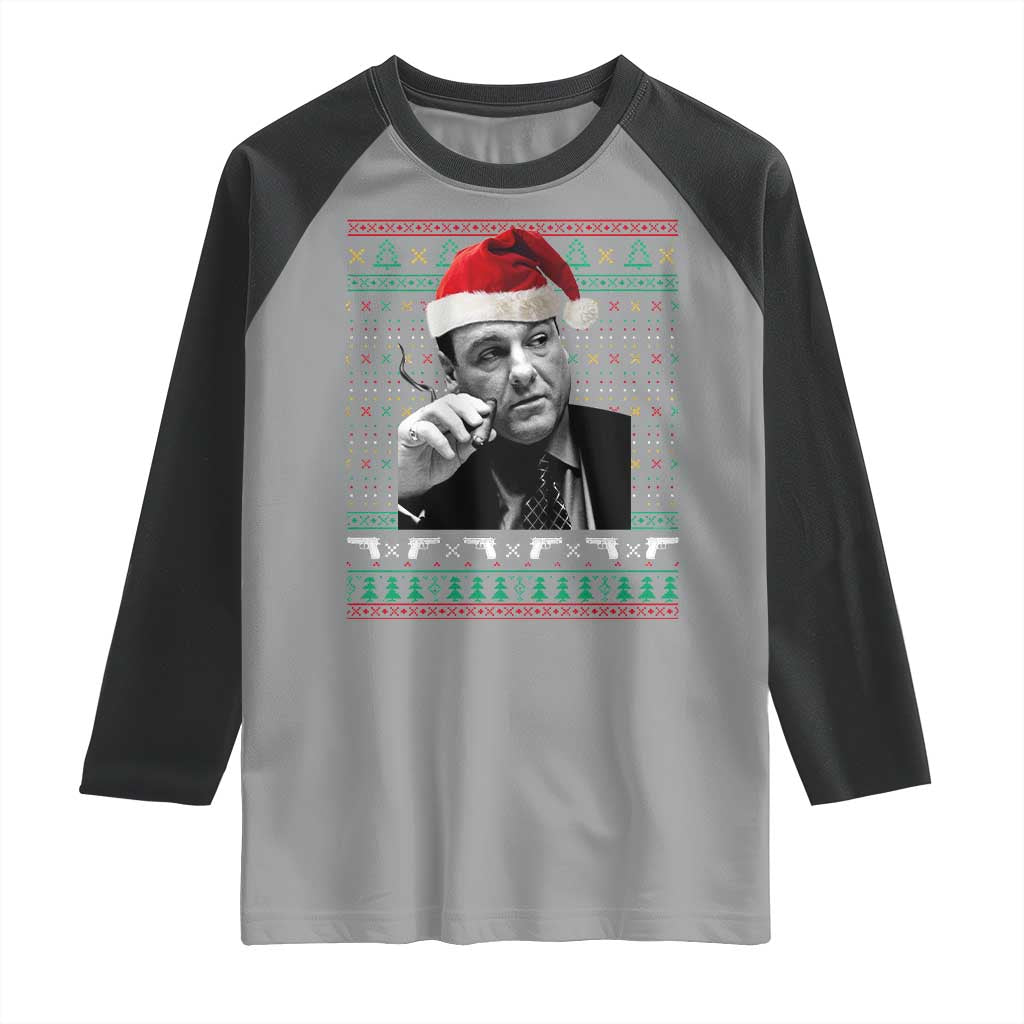 Funny Ugly Christmas Raglan Shirt Funny Mafia Gangster Santa Sopranos Smoking - Wonder Print Shop