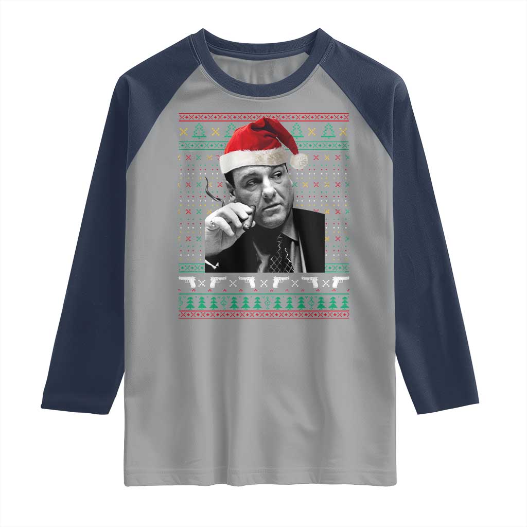 Funny Ugly Christmas Raglan Shirt Funny Mafia Gangster Santa Sopranos Smoking - Wonder Print Shop