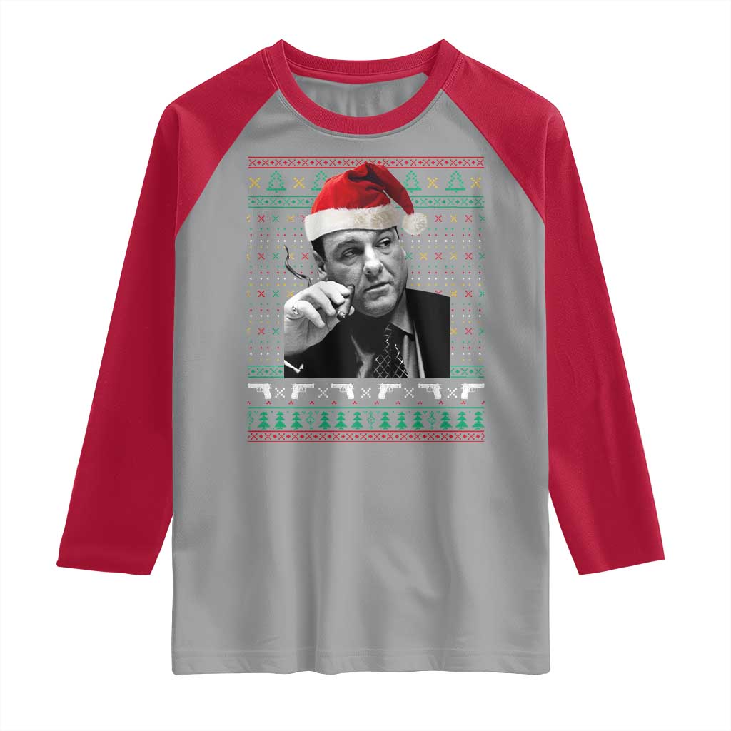 Funny Ugly Christmas Raglan Shirt Funny Mafia Gangster Santa Sopranos Smoking - Wonder Print Shop