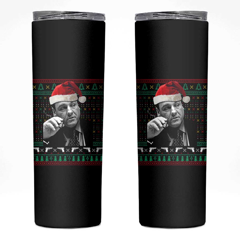 Funny Ugly Christmas Skinny Tumbler Funny Mafia Gangster Santa Sopranos Smoking - Wonder Print Shop