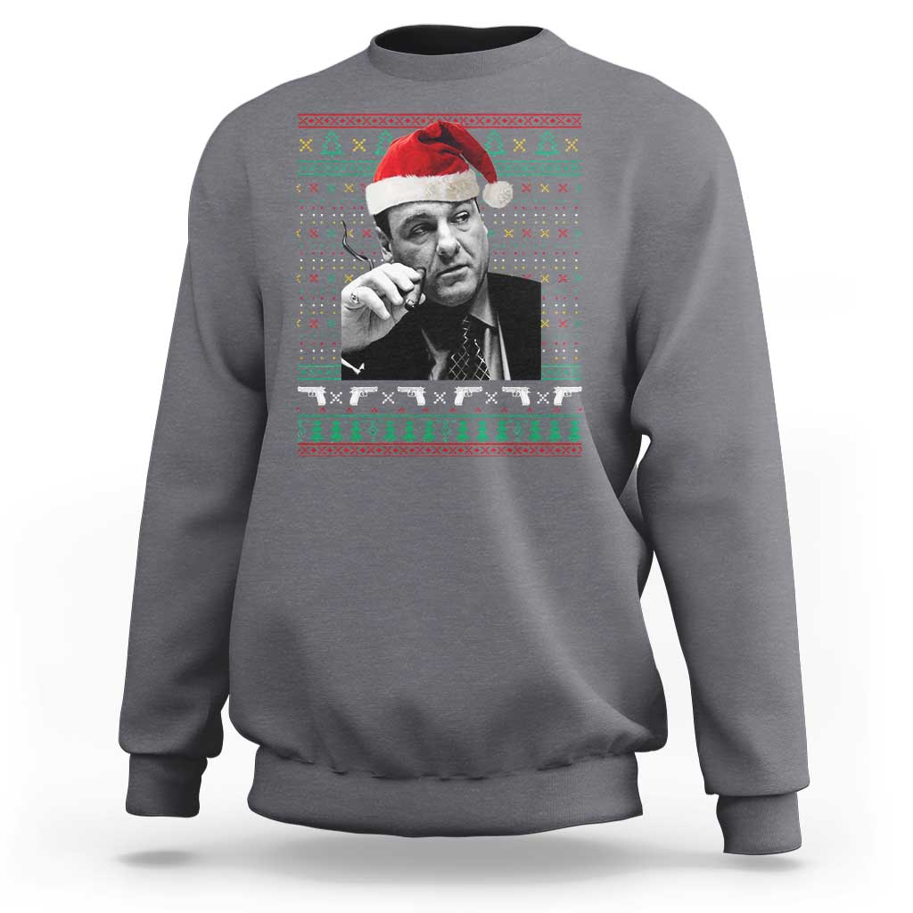 Funny Ugly Christmas Sweatshirt Funny Mafia Gangster Santa Sopranos Smoking - Wonder Print Shop