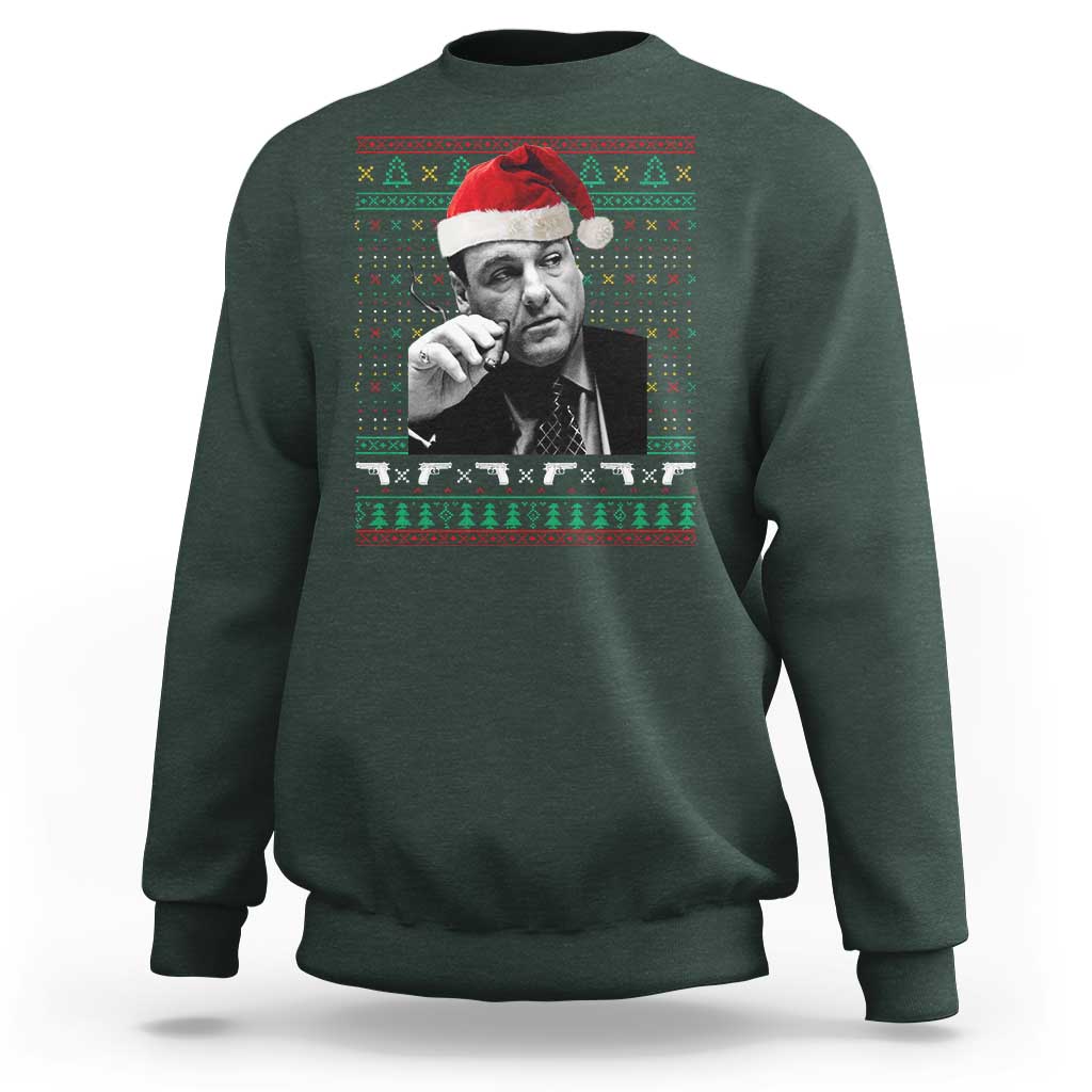 Funny Ugly Christmas Sweatshirt Funny Mafia Gangster Santa Sopranos Smoking - Wonder Print Shop