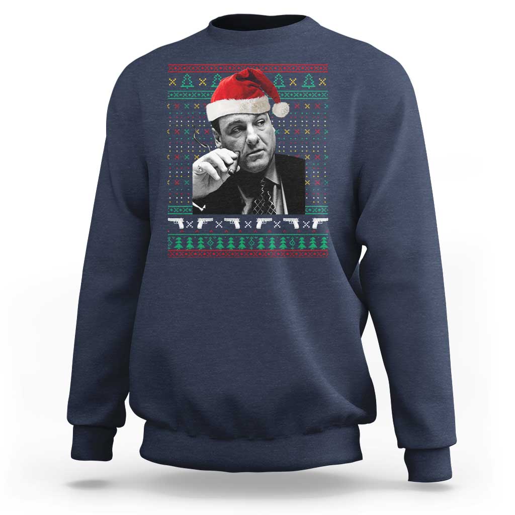 Funny Ugly Christmas Sweatshirt Funny Mafia Gangster Santa Sopranos Smoking - Wonder Print Shop