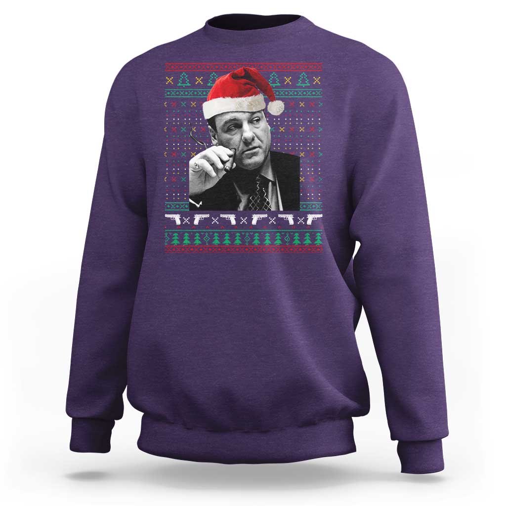Funny Ugly Christmas Sweatshirt Funny Mafia Gangster Santa Sopranos Smoking - Wonder Print Shop