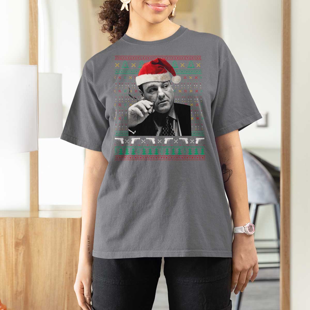 Funny Ugly Christmas T Shirt For Women Funny Mafia Gangster Santa Sopranos Smoking - Wonder Print Shop