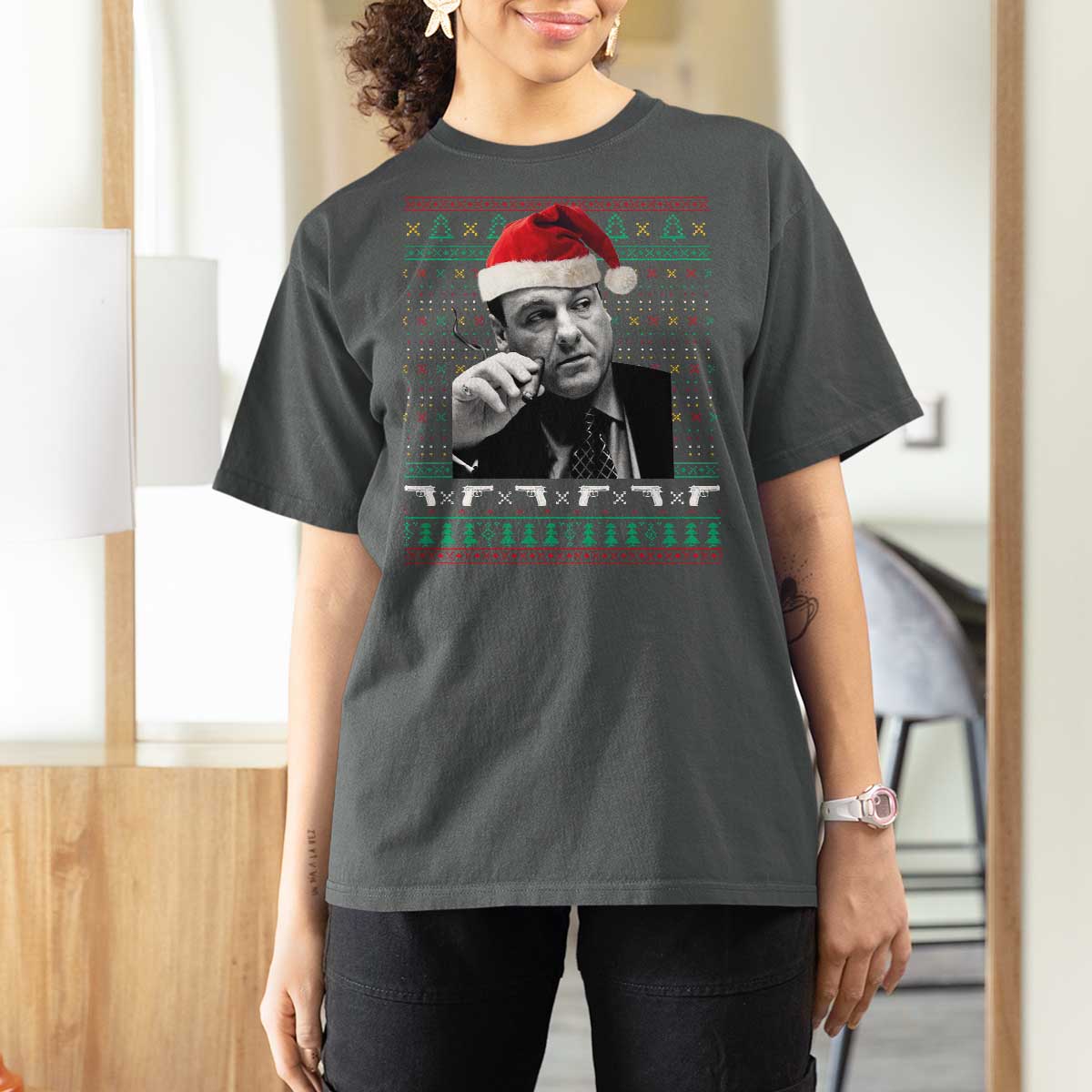 Funny Ugly Christmas T Shirt For Women Funny Mafia Gangster Santa Sopranos Smoking - Wonder Print Shop