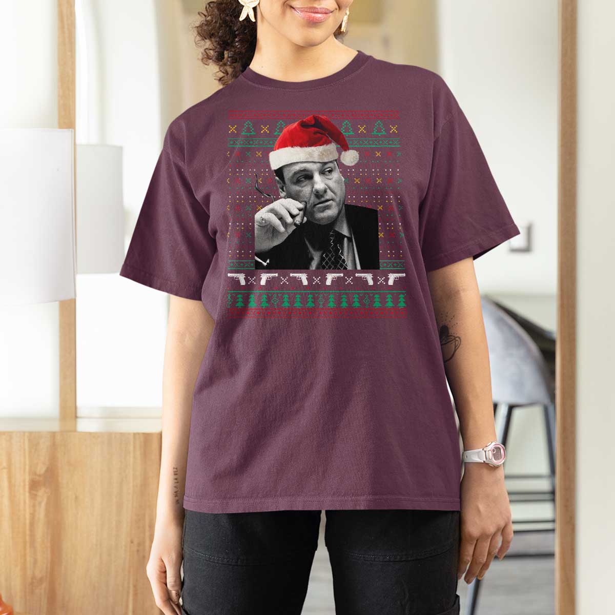 Funny Ugly Christmas T Shirt For Women Funny Mafia Gangster Santa Sopranos Smoking - Wonder Print Shop