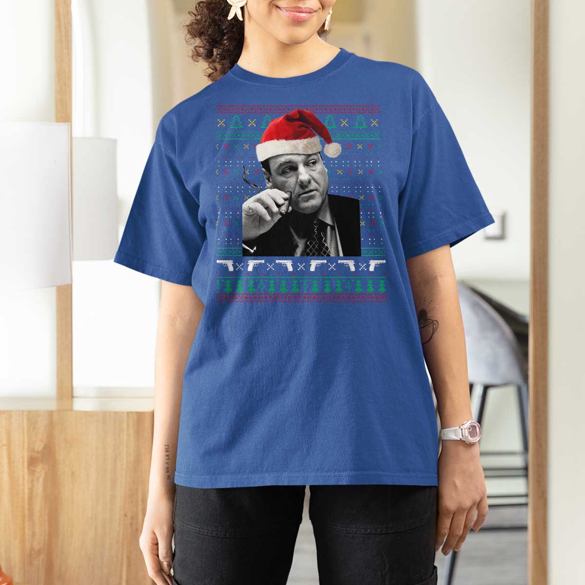 Funny Ugly Christmas T Shirt For Women Funny Mafia Gangster Santa Sopranos Smoking - Wonder Print Shop