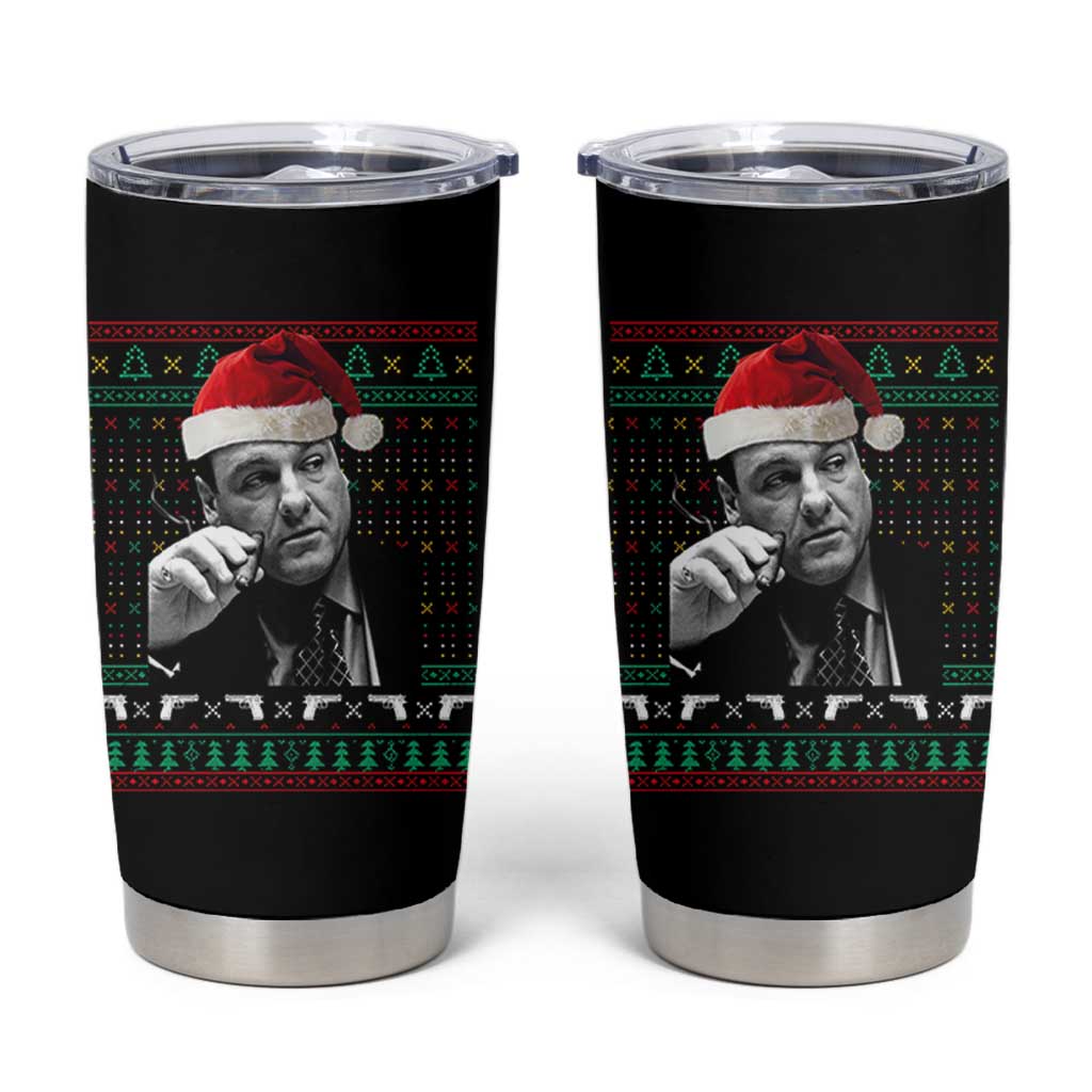 Funny Ugly Christmas Tumbler Cup Funny Mafia Gangster Santa Sopranos Smoking - Wonder Print Shop
