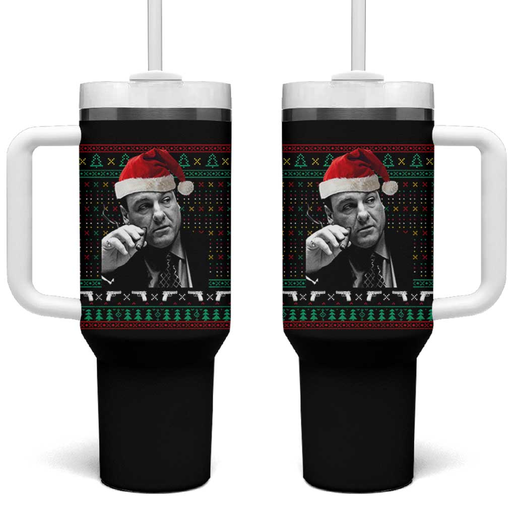 Funny Ugly Christmas Tumbler With Handle Funny Mafia Gangster Santa Sopranos Smoking - Wonder Print Shop