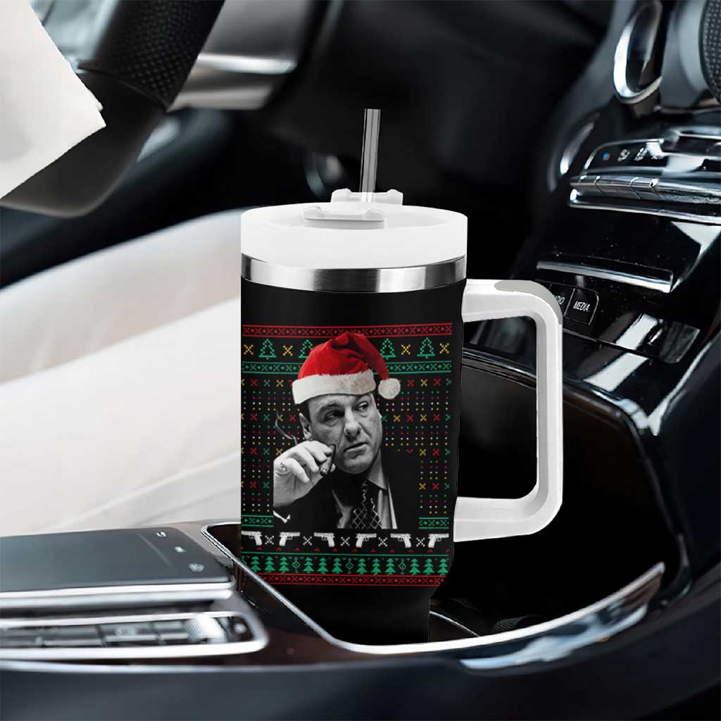 Funny Ugly Christmas Tumbler With Handle Funny Mafia Gangster Santa Sopranos Smoking - Wonder Print Shop