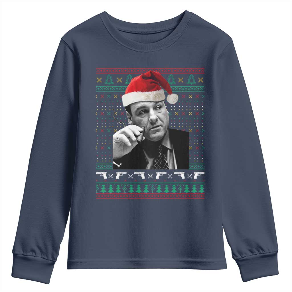 Funny Ugly Christmas Youth Sweatshirt Funny Mafia Gangster Santa Sopranos Smoking - Wonder Print Shop