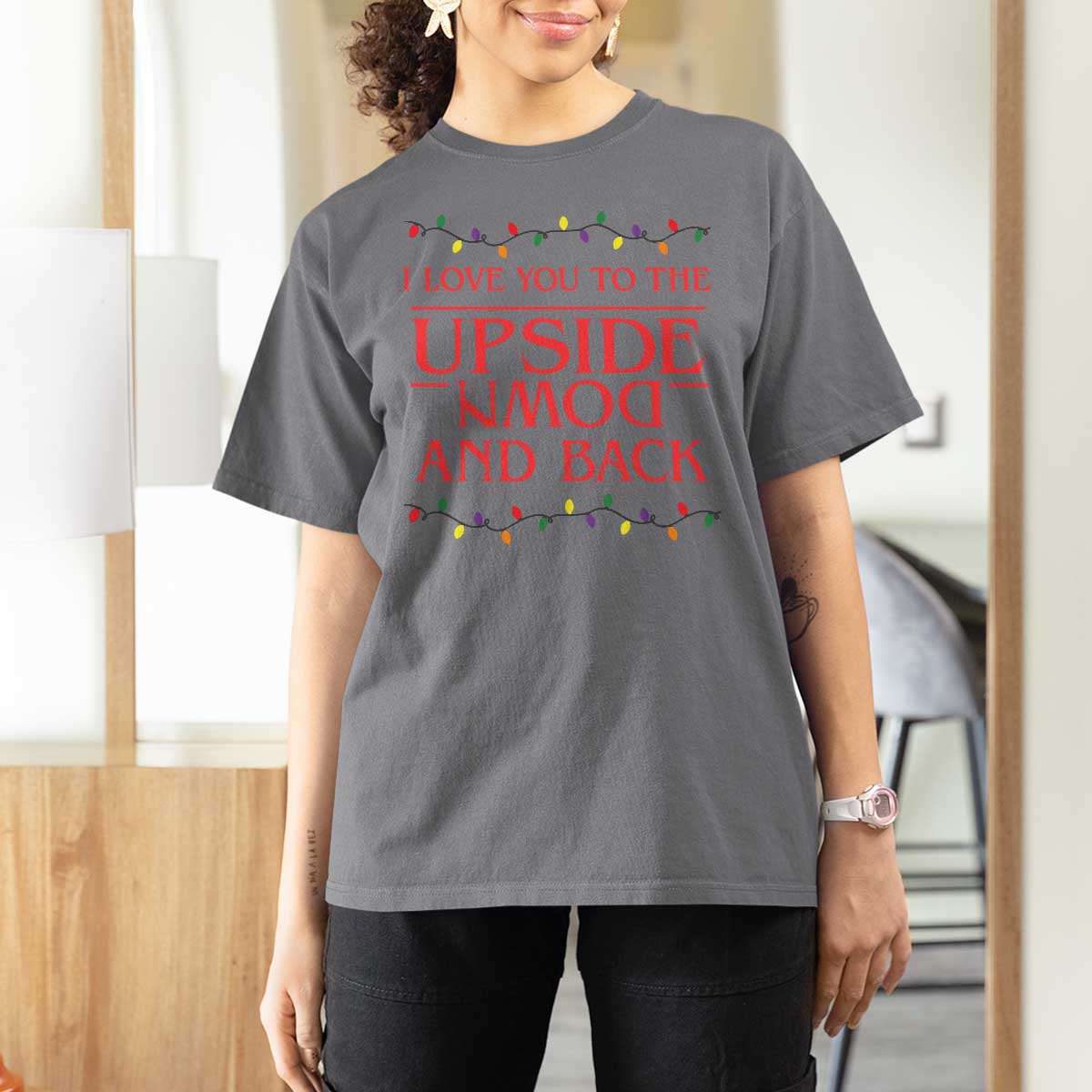 I Love You To The Upside Down Stranger Christmas T Shirt For Women And Back Ugly Xmas Lights - Wonder Print Shop
