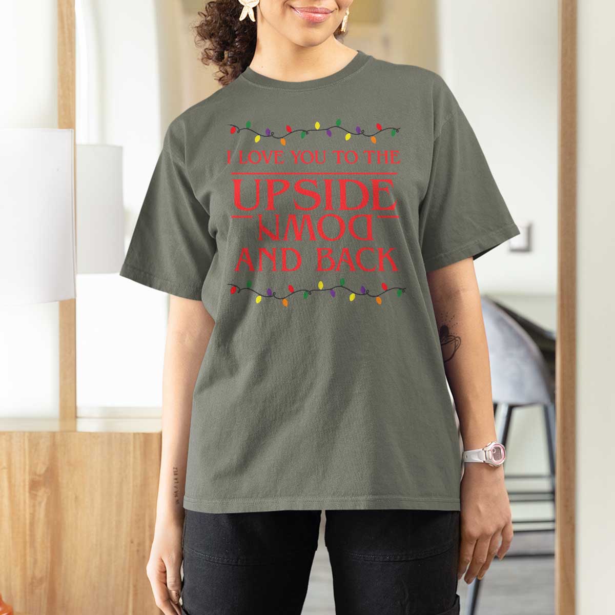 I Love You To The Upside Down Stranger Christmas T Shirt For Women And Back Ugly Xmas Lights - Wonder Print Shop