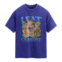 I Eat Cement Cursed Cat Washed Cotton T-Shirt Funny Cat Meme Ironic