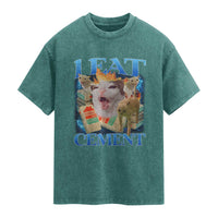 I Eat Cement Cursed Cat Washed Cotton T-Shirt Funny Cat Meme Ironic