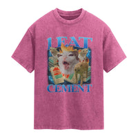 I Eat Cement Cursed Cat Washed Cotton T-Shirt Funny Cat Meme Ironic