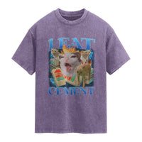 I Eat Cement Cursed Cat Washed Cotton T-Shirt Funny Cat Meme Ironic