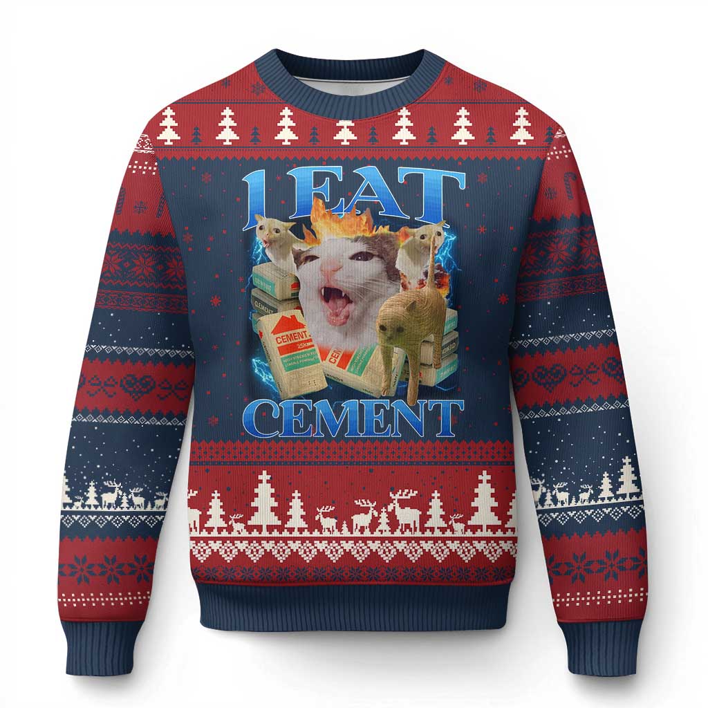 I Eat Cement Cursed Cat Ugly Christmas Sweater Funny Cat Meme Ironic - Wonder Print Shop