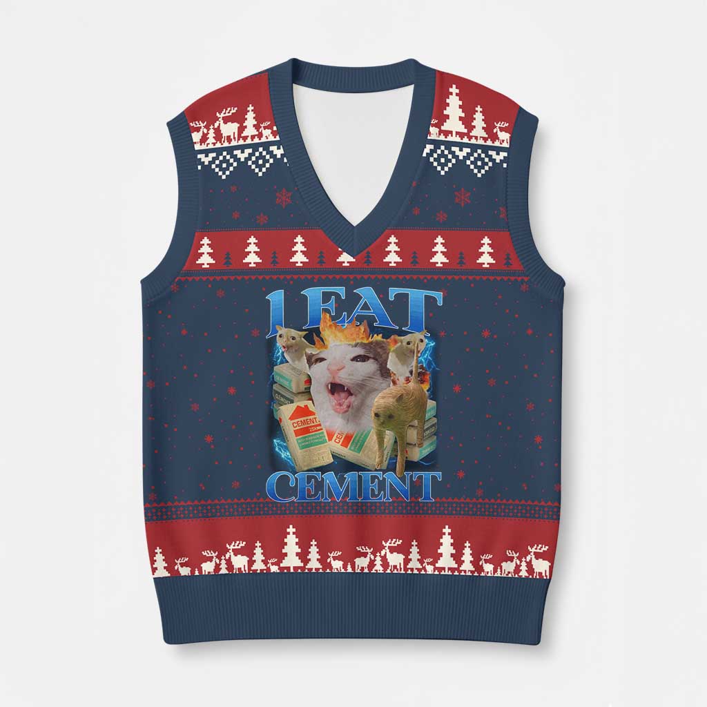 I Eat Cement Cursed Cat V-Neck Knit Sweater Vest Funny Cat Meme Ironic - Wonder Print Shop