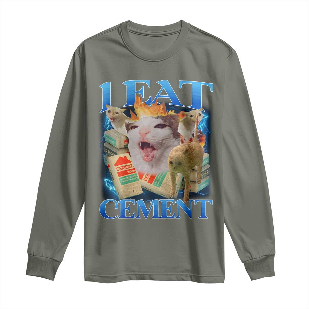 I Eat Cement Cursed Cat Long Sleeve Shirt Funny Cat Meme Ironic - Wonder Print Shop