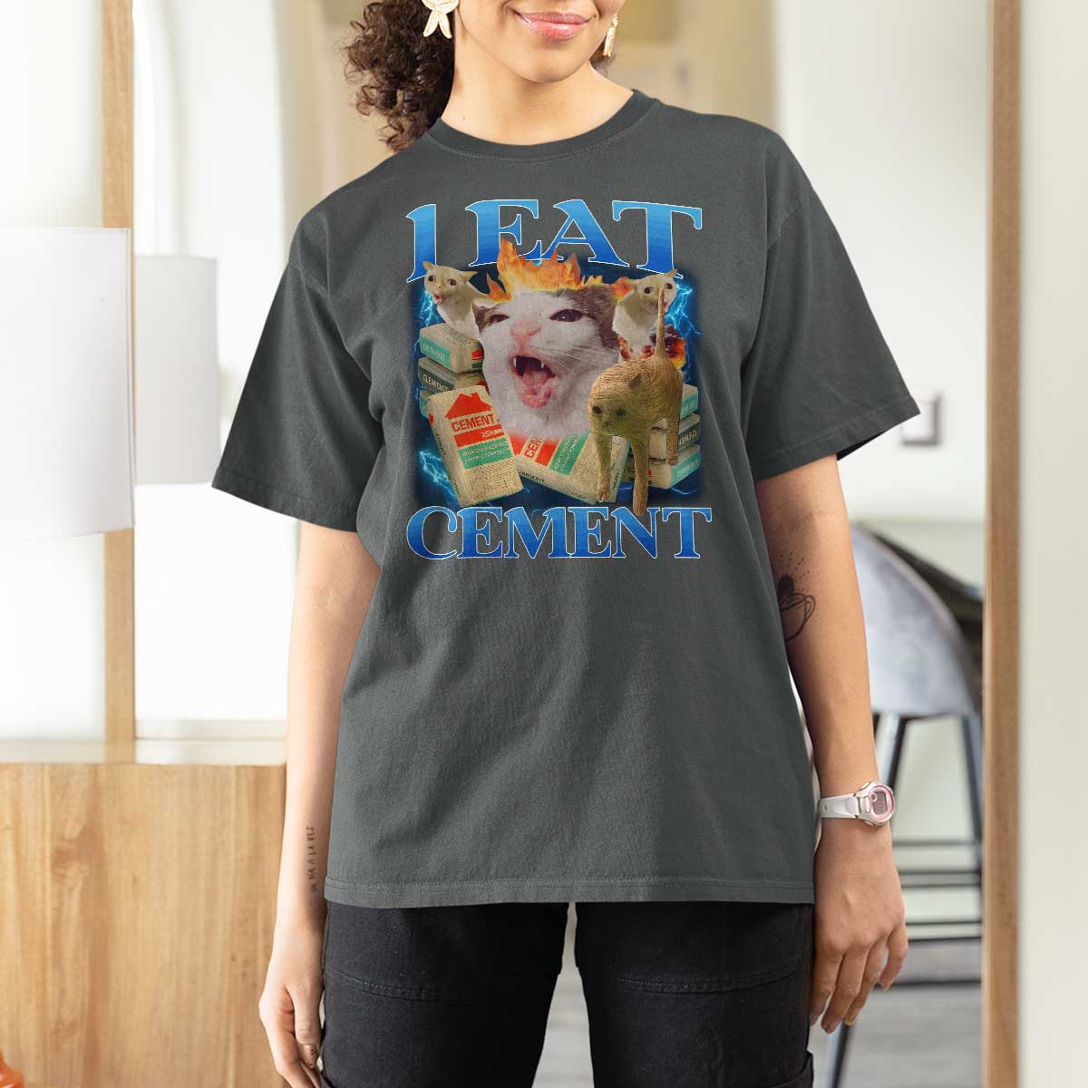 I Eat Cement Cursed Cat T Shirt For Women Funny Cat Meme Ironic - Wonder Print Shop