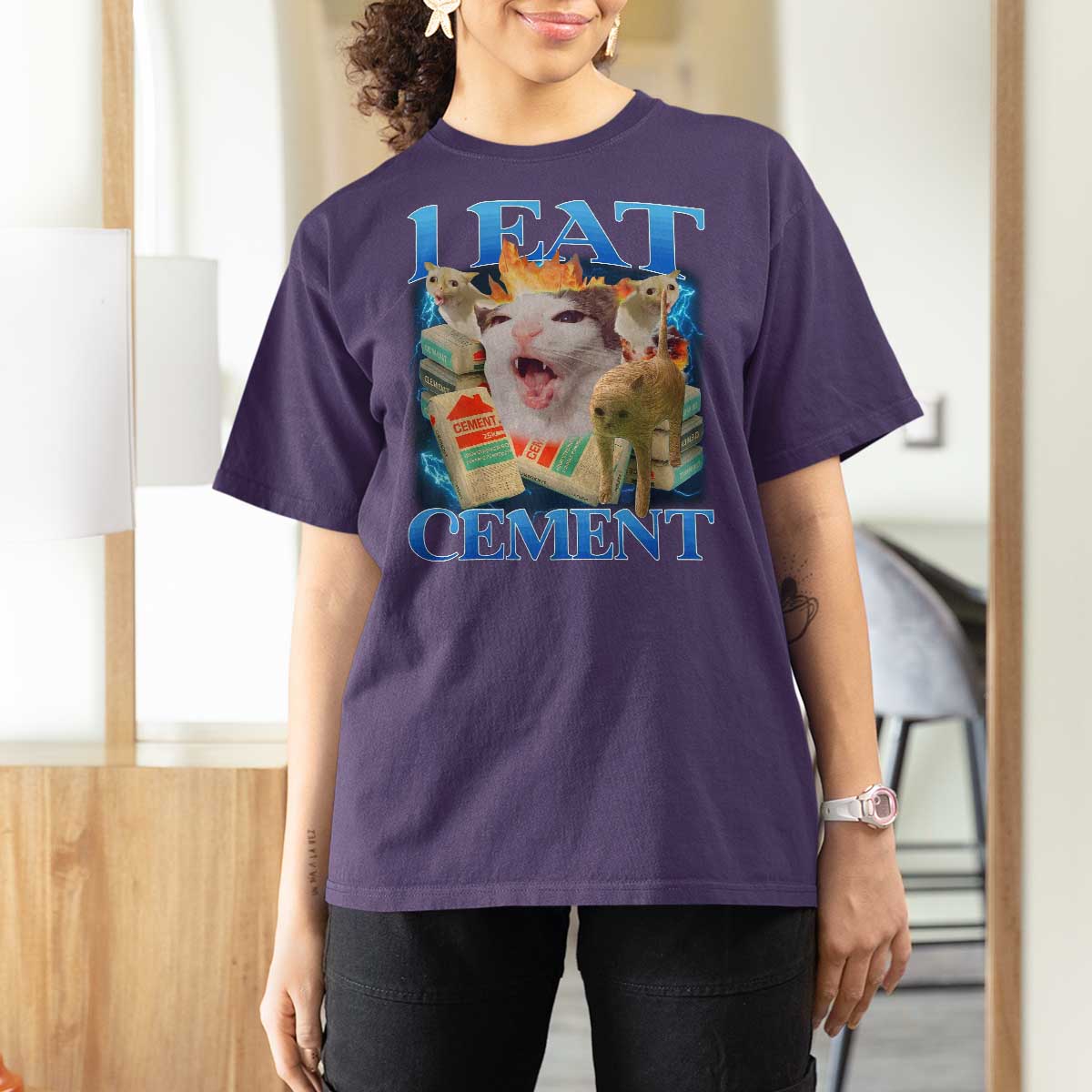 I Eat Cement Cursed Cat T Shirt For Women Funny Cat Meme Ironic - Wonder Print Shop