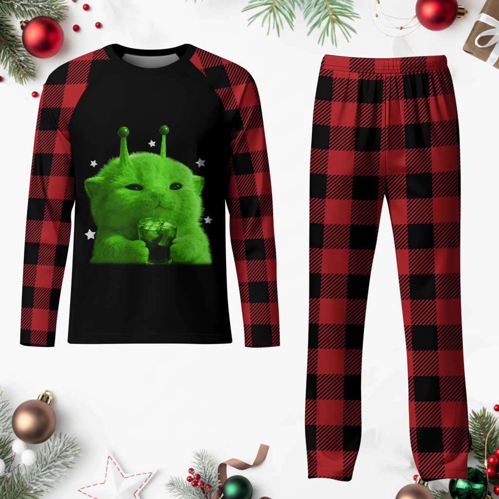 Funny Alien Cat Meme Plaid Pajama Set Funny Kitten 90s Retro Vintage Graphic Weird Cats Y2k - Wonder Print Shop