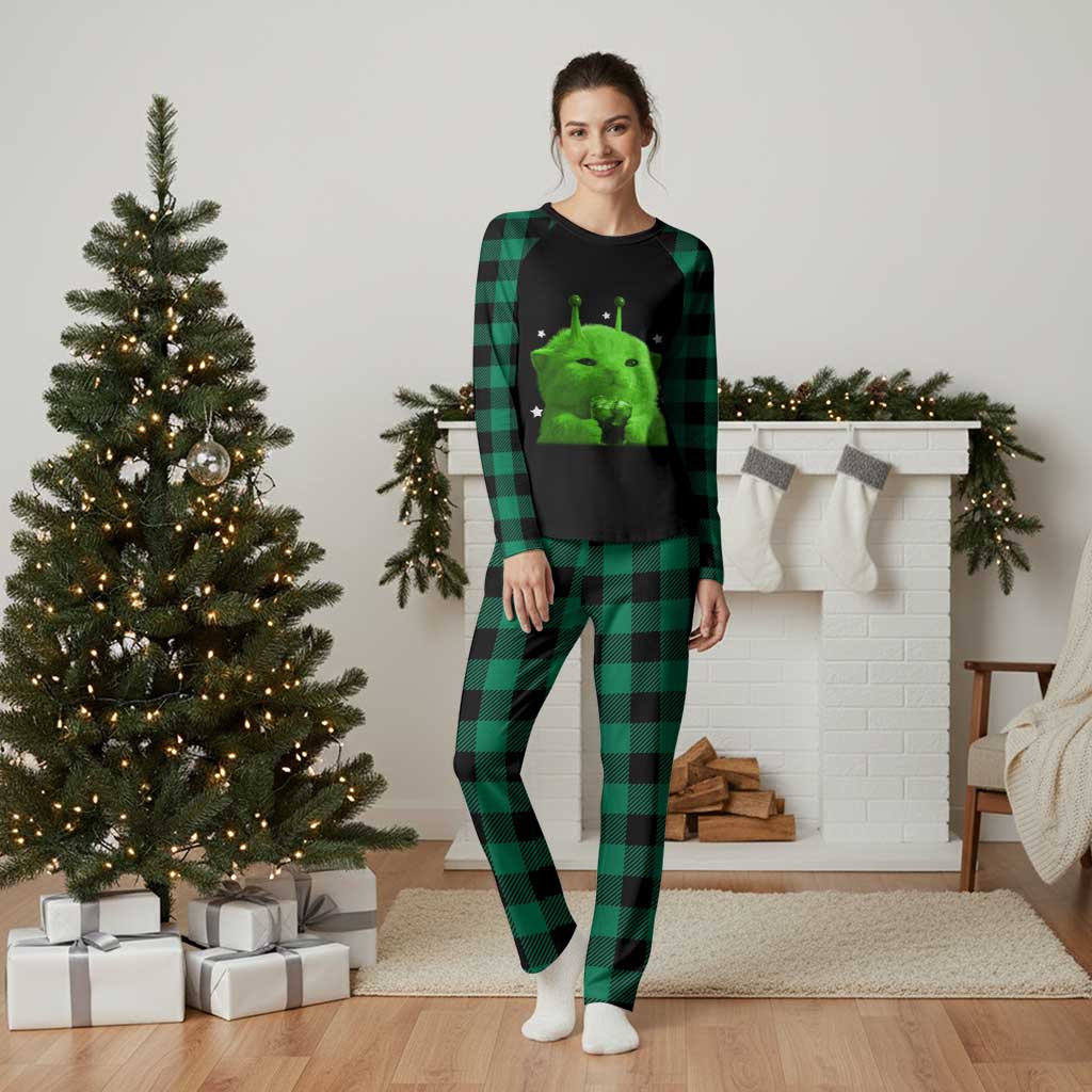 Funny Alien Cat Meme Plaid Pajama Set Funny Kitten 90s Retro Vintage Graphic Weird Cats Y2k - Wonder Print Shop