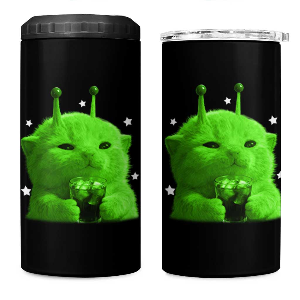 Funny Alien Cat Meme 4 in 1 Can Cooler Tumbler Funny Kitten 90s Retro Vintage Graphic Weird Cats Y2k - Wonder Print Shop