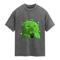 Funny Alien Cat Meme Washed Cotton T-Shirt Funny Kitten 90s Retro Vintage Graphic Weird Cats Y2k