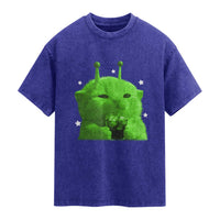 Funny Alien Cat Meme Washed Cotton T-Shirt Funny Kitten 90s Retro Vintage Graphic Weird Cats Y2k