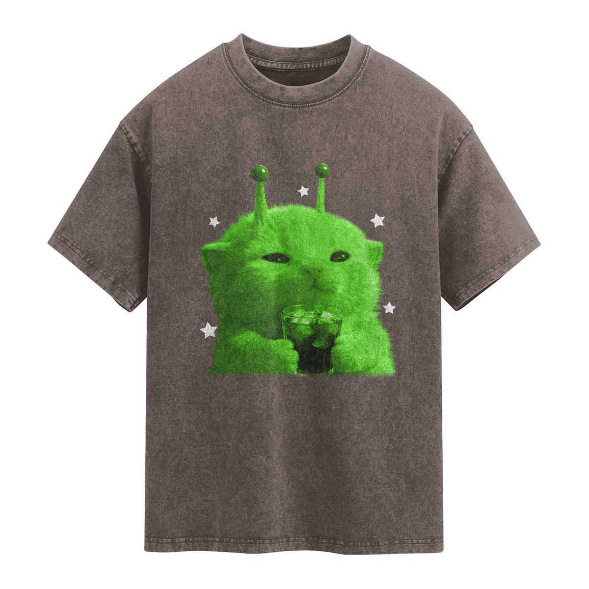 Funny Alien Cat Meme Washed Cotton T-Shirt Funny Kitten 90s Retro Vintage Graphic Weird Cats Y2k
