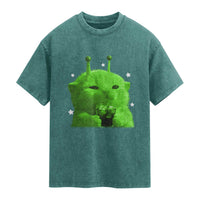 Funny Alien Cat Meme Washed Cotton T-Shirt Funny Kitten 90s Retro Vintage Graphic Weird Cats Y2k