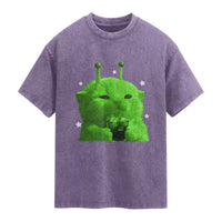 Funny Alien Cat Meme Washed Cotton T-Shirt Funny Kitten 90s Retro Vintage Graphic Weird Cats Y2k