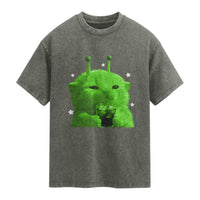 Funny Alien Cat Meme Washed Cotton T-Shirt Funny Kitten 90s Retro Vintage Graphic Weird Cats Y2k