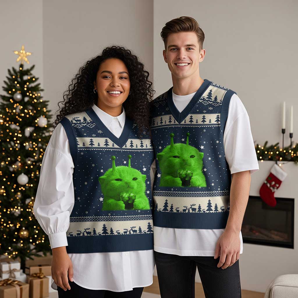 Funny Alien Cat Meme V-Neck Knit Sweater Vest Funny Kitten 90s Retro Vintage Graphic Weird Cats Y2k - Wonder Print Shop