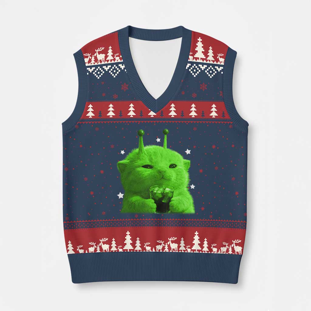 Funny Alien Cat Meme V-Neck Knit Sweater Vest Funny Kitten 90s Retro Vintage Graphic Weird Cats Y2k - Wonder Print Shop